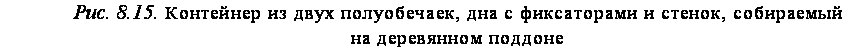 подпись: рис. 8.15. контейнер из двух полуобечаек, дна с фиксаторами и стенок, собираемый
на деревянном поддоне
